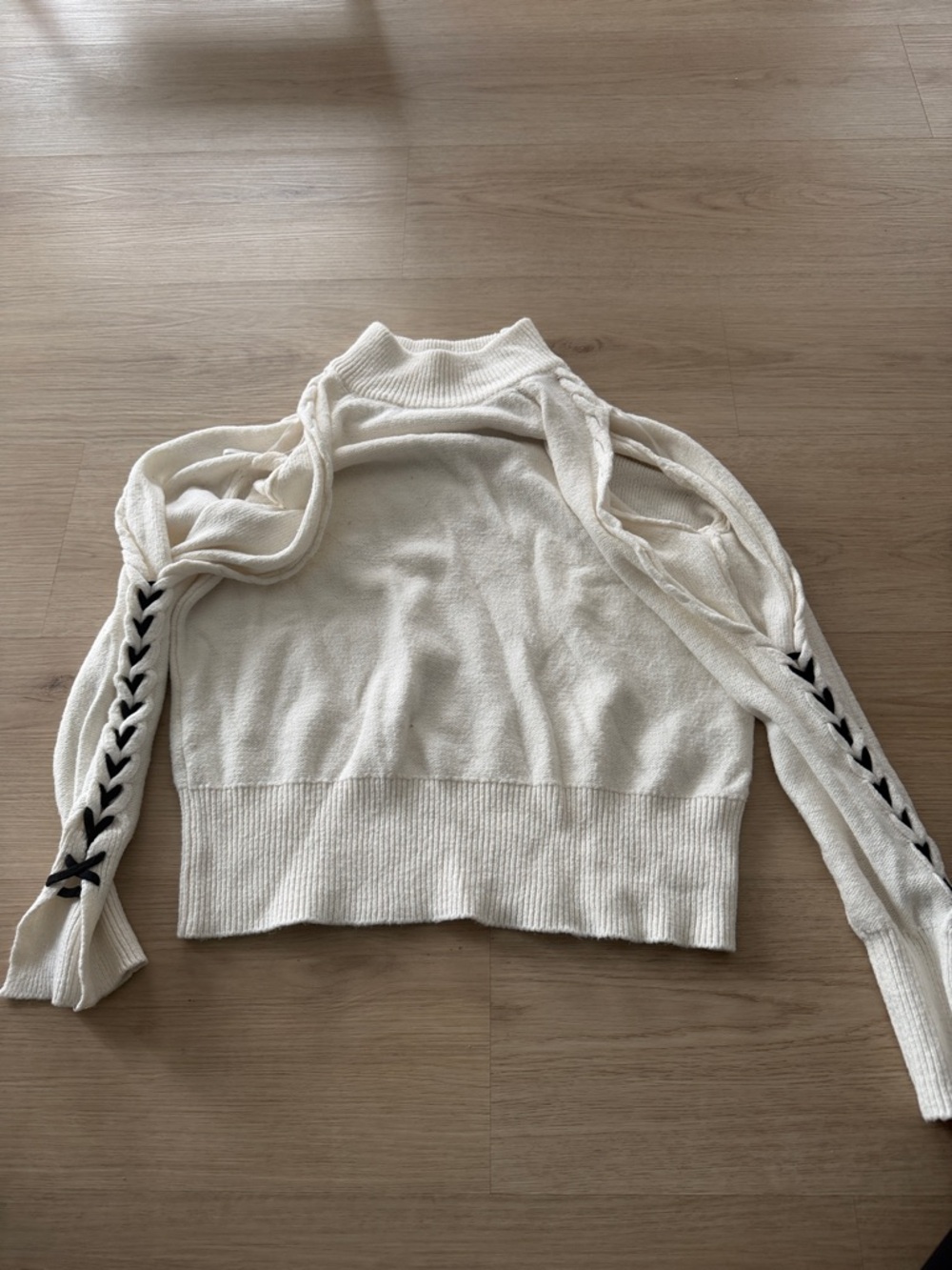 Women’s Cream Mock Neck Sweater with Contrast cold shoulder, Lace-Up Sleeves